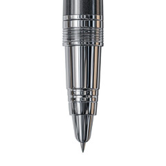 Metallic pen tip close-up, with layered silver detailing against a black backdrop