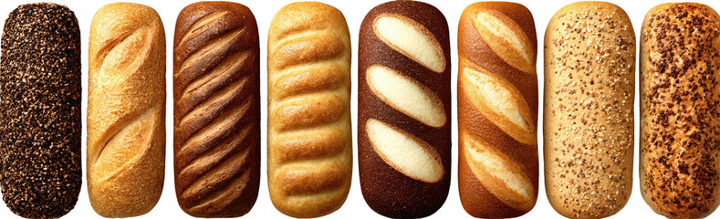 Varied bread rolls stand in a row with different shapes and textures