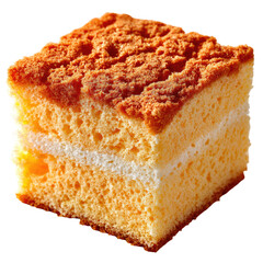 Square slice of light yellow sponge cake with white frosting and crumble topping