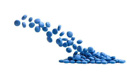Falling blue pills cascade downwards against a black background, accumulating at bottom