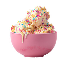 Ice cream scoops with sprinkles in pink bowl, drips