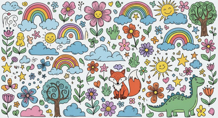 Naklejka premium Colorful Cartoon Animals and Flowers with Rainbows and Clouds