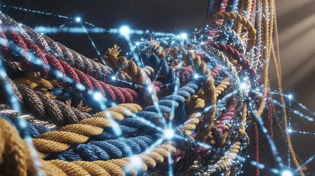 Diverse colorful intertwined thick rope and braided cord forming a complex knot representing professional collaboration teamwork and business connectivity in a detailed macro view.