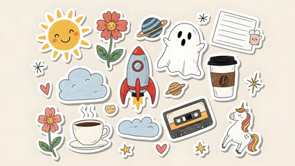 Playful Sticker Collage With Sunny Sun, Rocket, Ghost, Unicorn, Coffee Cup And More. A whimsical sticker collage featuring a smiling sun, flowers, space elements, a rocket, ghost, unicorn and clouds