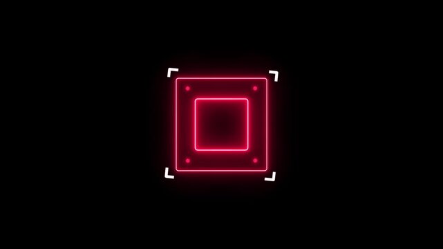 A glowing pinkish-red square outline with four smaller pinkish-red dots at its corners and a central pinkish-red square outline is presented on a black background, resembling a digital interface or