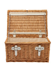 Open wicker basket lined with cream fabric, buckles securing