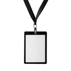 Blank white badge in black holder hangs on a black lanyard