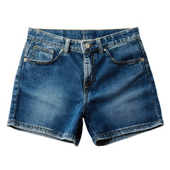 Faded blue denim shorts with pockets and button closure against black