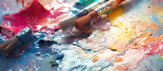 Obraz premium Close-up of artists paint palette with brushes and vibrant colors.