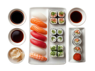 Sushi platter with nigiri, maki, soy sauce, and ginger, aerial view