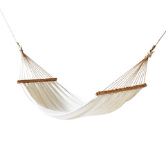 Relaxing white hammock suspended with rope and wood supports, isolated on black
