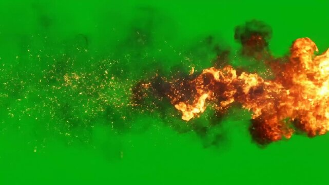 Horizontal Fire Explosion With Burning Flames Smoke And Sparks On Bright Green Screen Background