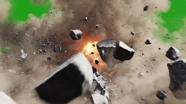 Powerful Rock Explosion With Flying Debris And Dust On Bright Green Screen Background For Vfx Use