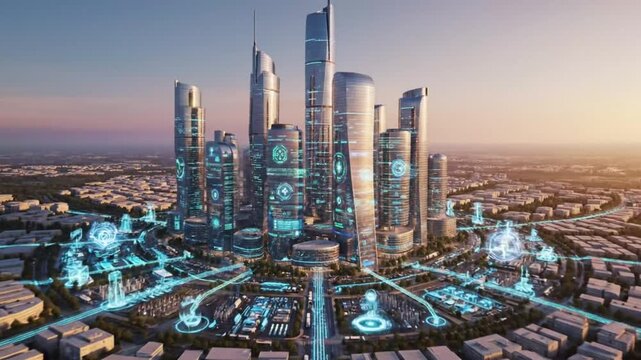 Futuristic Smart City Skyline With Glowing Network Connections At Sunset And Advanced Urban Technology