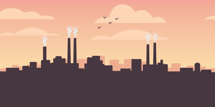 A simple industrial city skyline silhouette stretches across the lower third of the frame, with buildings reduced to plain block shapes and a few tall vertical stacks as solid rectangles.