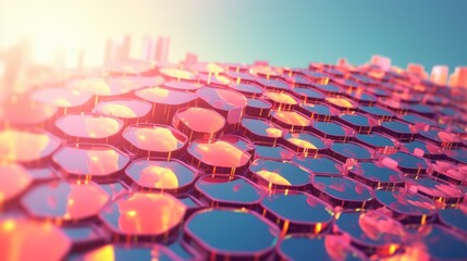 Obraz premium Abstract Hexagonal Pattern with Warm Sunlight and Blue Sky.