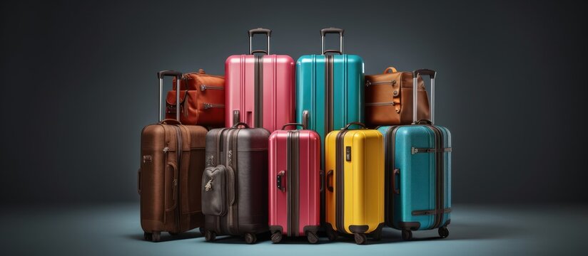 A vibrant collection of modern luggage stacked in a studio setting.