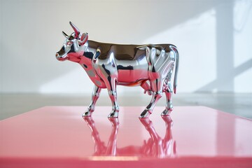 Shiny metallic bull sculpture on pink reflective surface in modern room