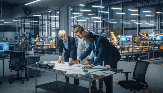 Three Business Professionals Collaborating on Blueprints in a Modern Factory Setting.