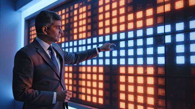 Business professional interacting with a large digital display