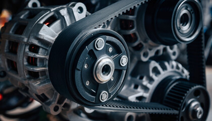 Fototapeta premium Close-up of a car engines serpentine belt and pulleys.