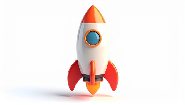 A retro 3d cartoon illustration of a red metal rocket spaceship launching into space at high speed as a symbol of science and travel technology