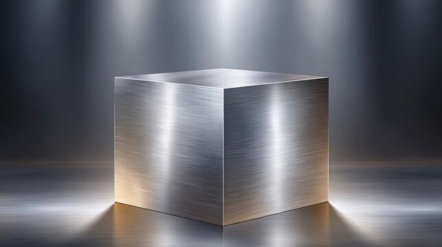 Metal cube spotlight shiny metallic cube illuminated by spotlight against dark background minimalist design