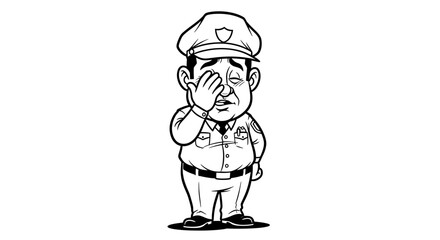 Obraz premium Weary cartoon police officer covers an eye with his hand, expressing exhaustion, disbelief, or disappointment in a humorous black and white illustration