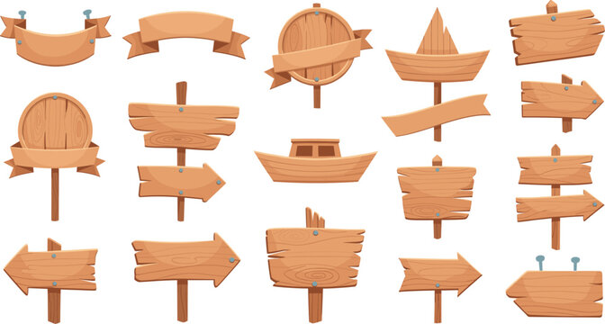 Wooden signpost and arrow board vector set with banners and labels for rustic direction design