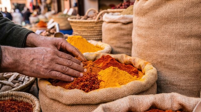 Vibrant Spices in a Moroccan Souk Market with Colorful Sacks and Rich Textures