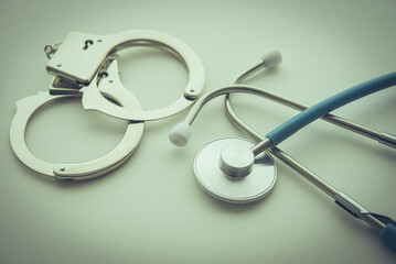Handcuffs and stethoscope on white background. Medical crime, services without a license, malpractice and so on. Medical law rules regulations in the health care industry and its patients concept.