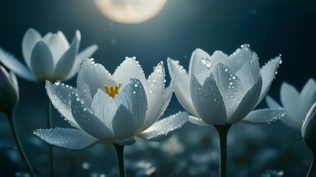 White lotus flowers glowing softly under moonlight, creating a peaceful, pure, and elegant night floral scene.