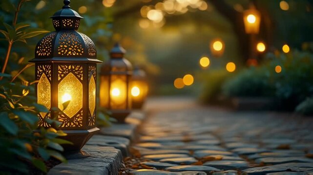 Row of glowing lanterns along a path at night, creating a warm, dreamy, and romantic evening atmosphere.