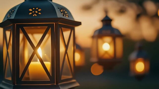 Vintage lantern glowing warmly at night, creating a cozy, nostalgic, and atmospheric evening scene.
