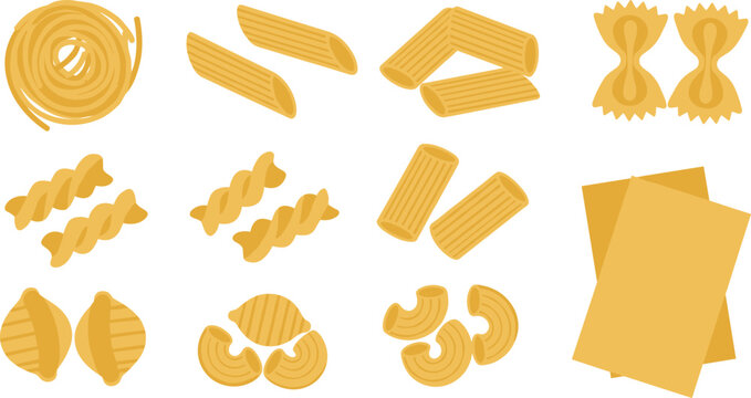 Assorted Italian Pasta Shapes Collection Illustration Set in Flat Vector Style