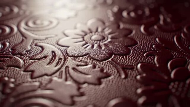 Close-up of a dark red leather surface reveals an embossed floral pattern, creating a luxurious and textured background.