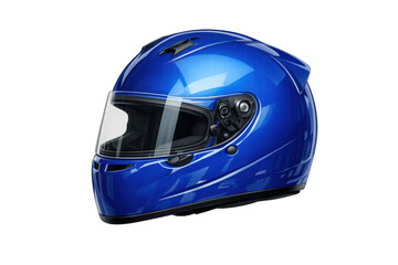 Fototapeta premium Blue glossy motorcycle helmet protecting rider's head in motorsports and racing, ensuring safety gear for speed adventures