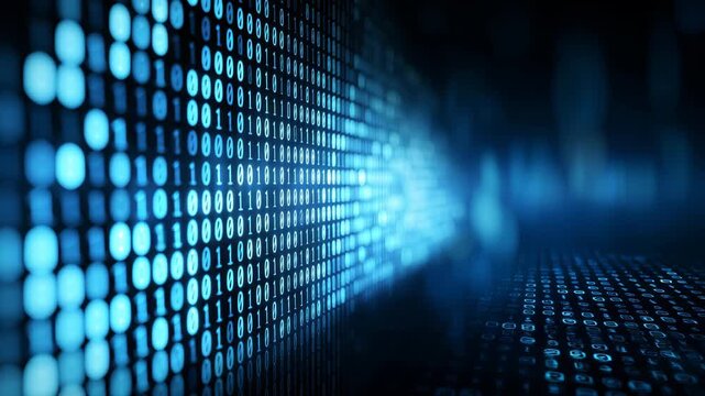 ビッグデータの海とデジタル通信：奥行きのあるバイナリコードのサイバー空間背景動画