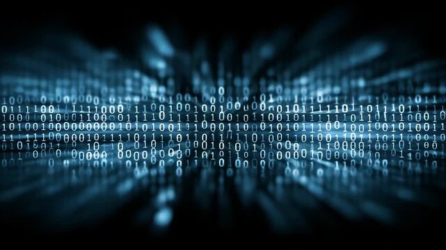 ビッグデータの海とデジタル通信：奥行きのあるバイナリコードのサイバー空間背景動画