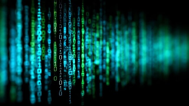 ビッグデータの海とデジタル通信：奥行きのあるバイナリコードのサイバー空間背景動画
