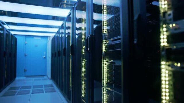 Illuminated server racks stand in a row inside a data center, providing essential comg resources.