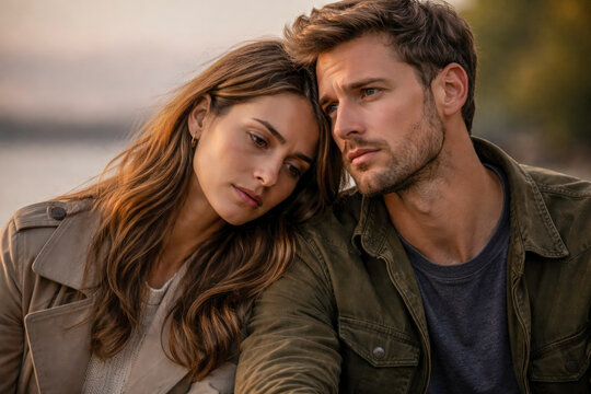 photo of a couple sitting close together outdoors, leaning into one another with serious, contemplative expressions. Soft natural light and warm background tones convey emotional complexity
