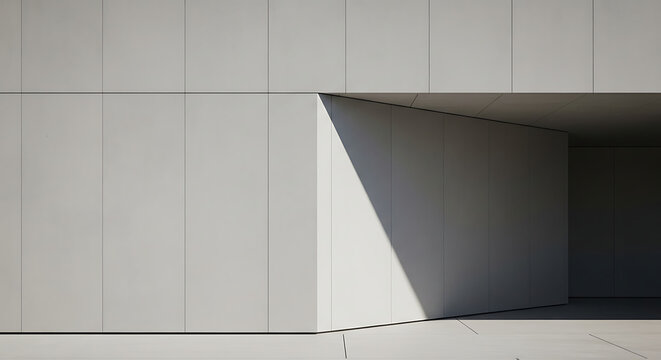 A wide shot of a concrete structure featuring a recessed rectangular area, showcasing clean lines and soft natural lighting.