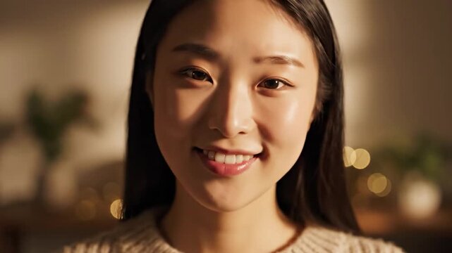 A woman smiles warmly at the viewer, lit by soft, warm light. Her hair frames her face