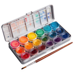 Watercolor palette with brush, vibrant array of colors, and metal box container