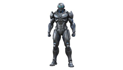 Naklejka premium Sleek dark metallic armored humanoid figure standing tall, muscular build, glowing accents, sci-fi soldier or superhero style