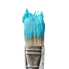 Brush with thick light-blue paint on dark background, bristles close-up