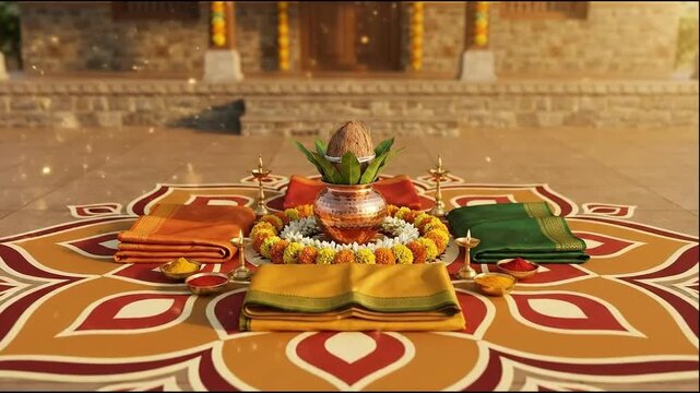 Auspicious kalash setup on a vibrant rangoli design, celebrating the traditional gudi padwa and ugadi festival.