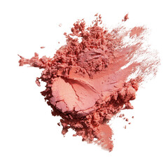 Crumbled peach-toned powder makeup swatch on black background, isolated, close-up