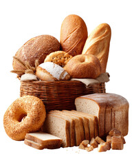 Wicker basket overflowing with a variety of breads; slices, loafs, and bagels